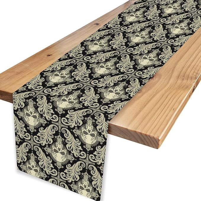 Skull Table Runner, Retro Antique Gothic Damask Pattern Classic Halloween Boho Black Coffee Vintage Table Center Decor for Kitchen and Dining Outdoor Home Country Party Table Decorations, 13"x72"