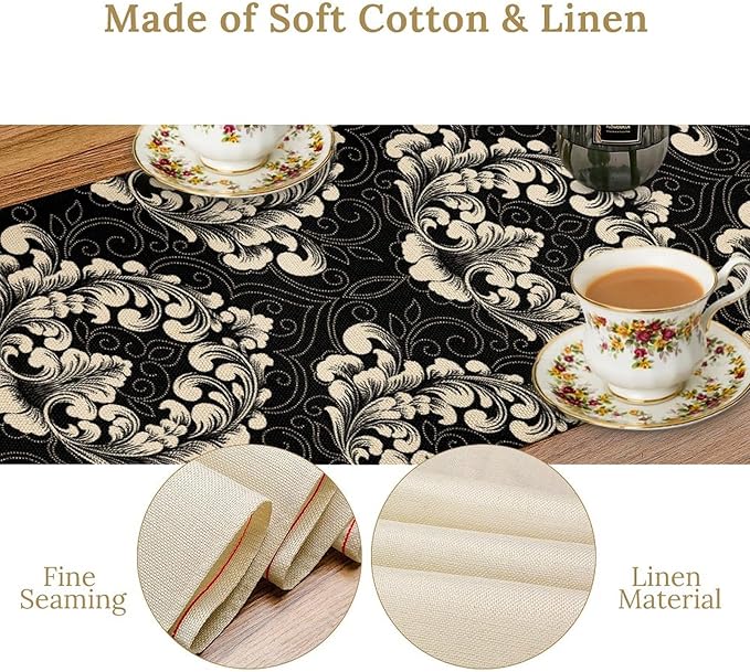 Gothic Table Runner, Retro Black Damask Baroque Style Floral Bohemian Exotic Coffee Vintage Table Center Decor for Kitchen and Dining Outdoor Home Country Party Table Decorations, 13"x36"