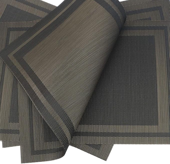Gugrida Placemats Set of 6 Plaid Checkered Black & Gold PVC Placemat for Dining Table Durable Woven Vinyl Stain tablemats 18"X12"
