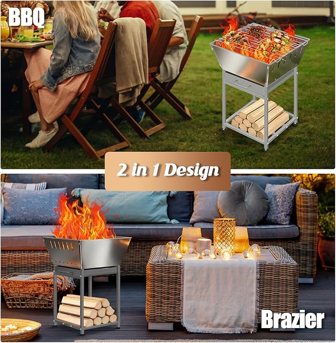 Stainless Steel Inch Square Wood Fire Pit with Grill, 2-in-1 Outdoor Firepit with Ash Pan and Wood Storage, Portable for Backyard, Patio, Camping Use