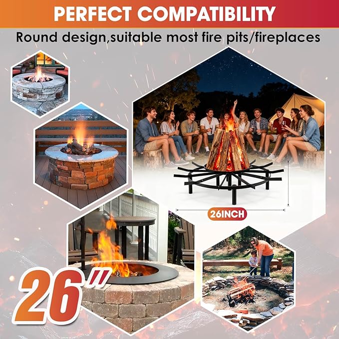 Fire Pit Grate & Fireplace Grate, Heavy Duty Heat Resistant Campfire Grill for Campfires and Outdoor fire pits(Black, 26 in)