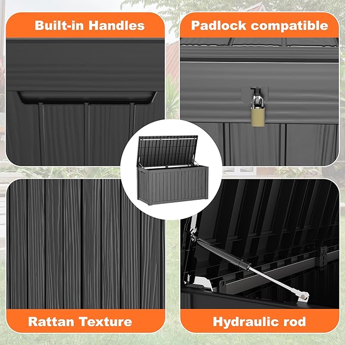 180 Gallon Large Deck Box,Resin Outdoor Storage Box with Lockable for Patio Furniture, Pool Accessories, Garden Tools Waterproof Outside Storage Box, Black