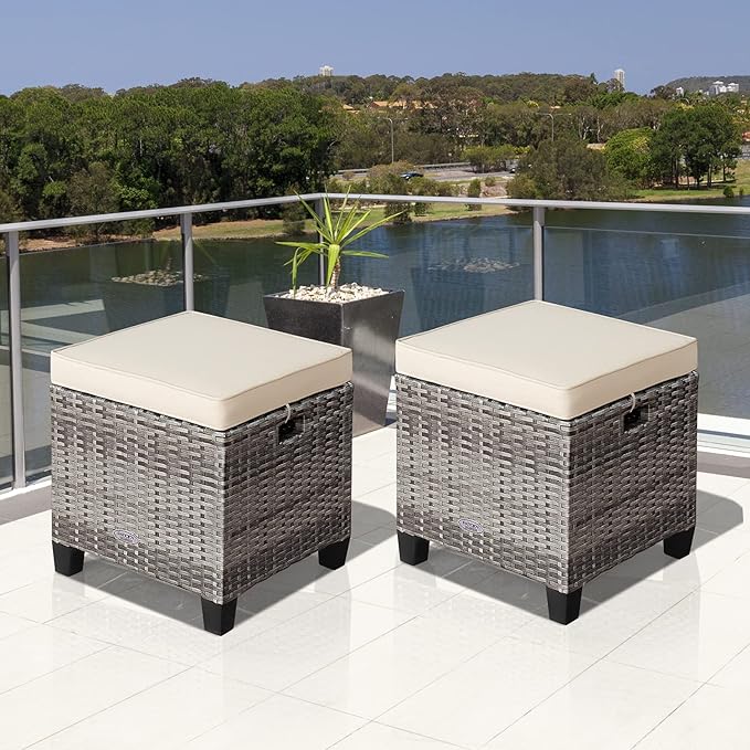 Tangkula 2 Pieces Patio Rattan Ottomans, Outdoor Wicker Footstool Footrest Seat with Soft Cushions and Steel Frame, All-Weather Patio Ottoman Set for Backyard Garden Poolside