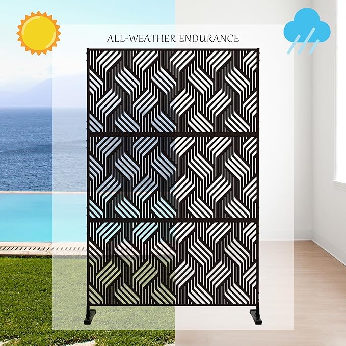 Kozyard Metal Privacy Screen 74" H x 47.2" W Decorative Outdoor Divider with Stand Panels Freestanding Screen Set for Deck Patio Balcony Garden Outdoor&Indoor(Black/Iron Weave)