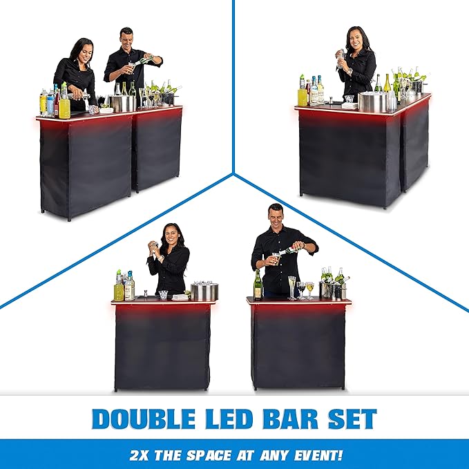 GoPong GoBar Portable Double Bar Table Set with Multi-Color LED Lights - Mobile Bartender Station for Events - Includes Carrying Case