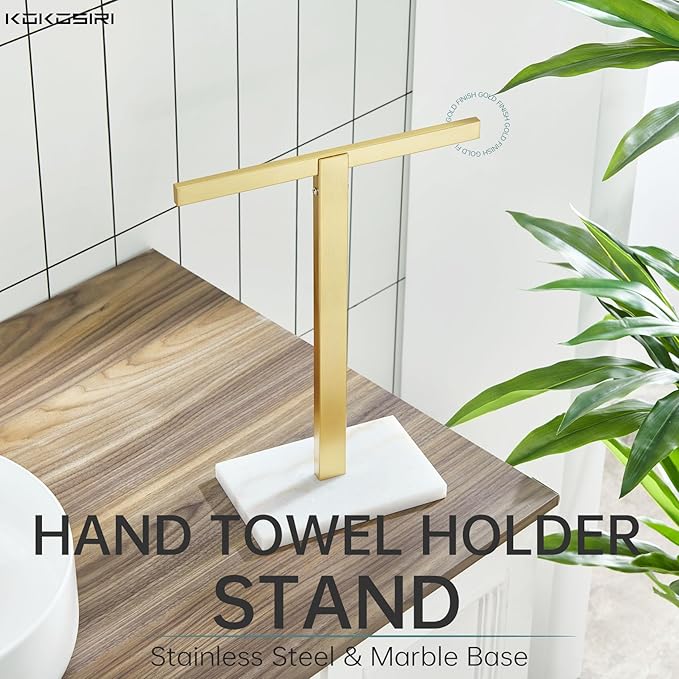 KOKOSIRI Hand Towel Holder Stand Towel Rack with Marble Base for Bathroom Kitchen Vanity Countertop, Gold Stainless Steel 15.7'' Height THS0002-SM-BG