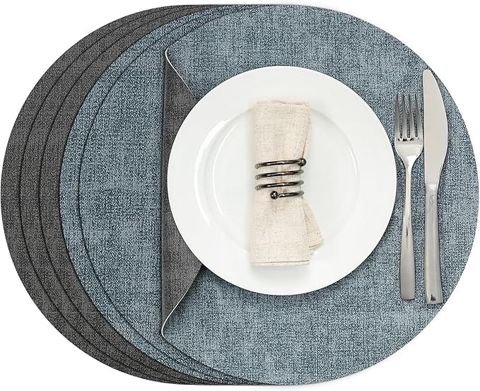 Myir JUN Round Placemats, Dual Sided Faux Leather Place Mats Set of 6 Indoor/Outdoor Non-Slip Washable Table Mats (Gray Light Blue, Set of 6)