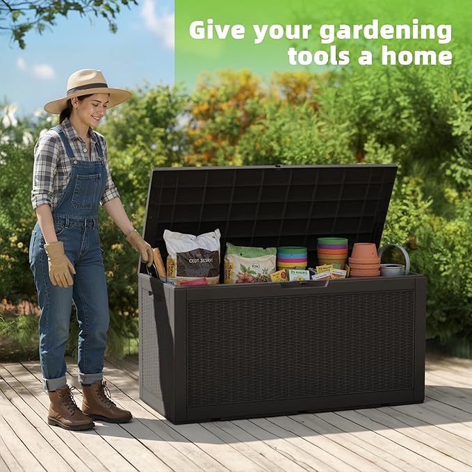 EasyUp 120 Gallon Outdoor Storage Box Waterproof, UV Resistant Resin Deck Box with Hydraulic Rod, Reinforced Stability for Patio, Garden, Rattan Black