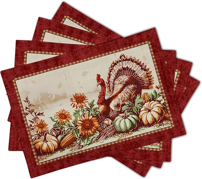 Giwawa 4PCs Thanksgiving Placemats 12x18 Inch Fall Harvest Turkey Autumn Pumpkin Sunflowers Corn Place Mat Non Slip Heat Resistant Table Mats for Kitchen Dining Tabletop Holiday Farmhouse Decor