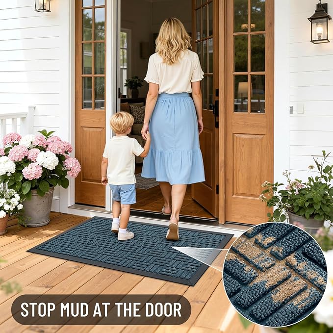 OLANLY Front Door Mat Outside Entrance 59x23, Absorbent, Heavy Duty Sturdy Natural Rubber Doormat Indoor Outdoor, Non-Slip, Stain and Fade Resistant, Low Profile Floor Mat for Entryway, Lake Blue
