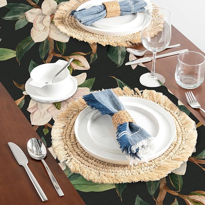 Table Runner White Magnolia Flowers Table Runners Summer Seasonal Kitchen Dinning Decor for Indoor Outdoor Holiday Home Wedding Party 13x70 Inch