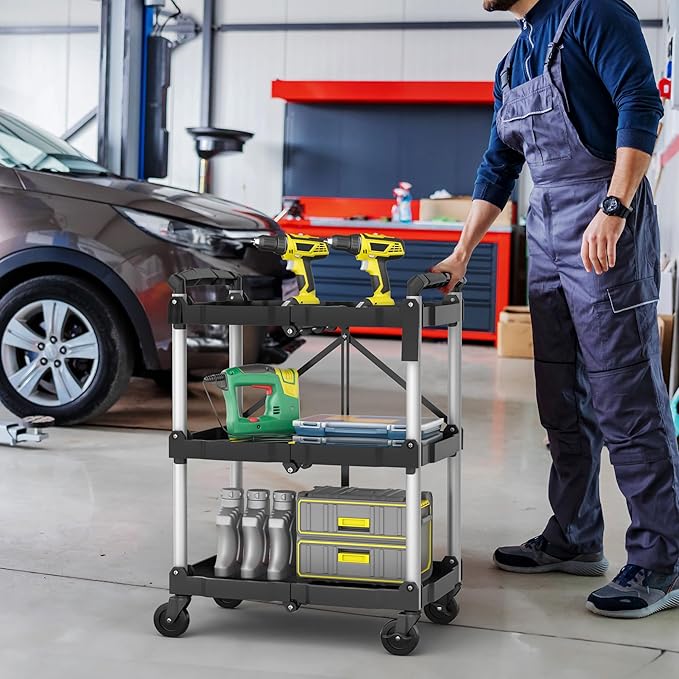 YITAHOME 240LBS Folding Utility Cart with Wheels, Foldable Utility Service Cart 3 Tier Collapsible Rolling Cart with 360°Swivel Wheels (2 with Brakes), Portable Cart for Home Garage Restaurant Office