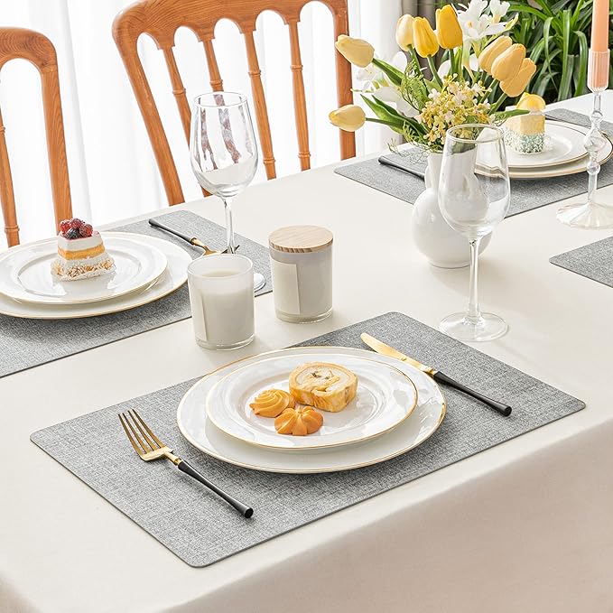 Romanstile Vinyl Placemats Set of 6-12 X 17 Inch - Heat Resistant Place Mats 100% Waterproof Oilproof Wipeable Reversible Faux Leather Table Mats for Kitchen, Dining, Party, Outdoor, Light Grey