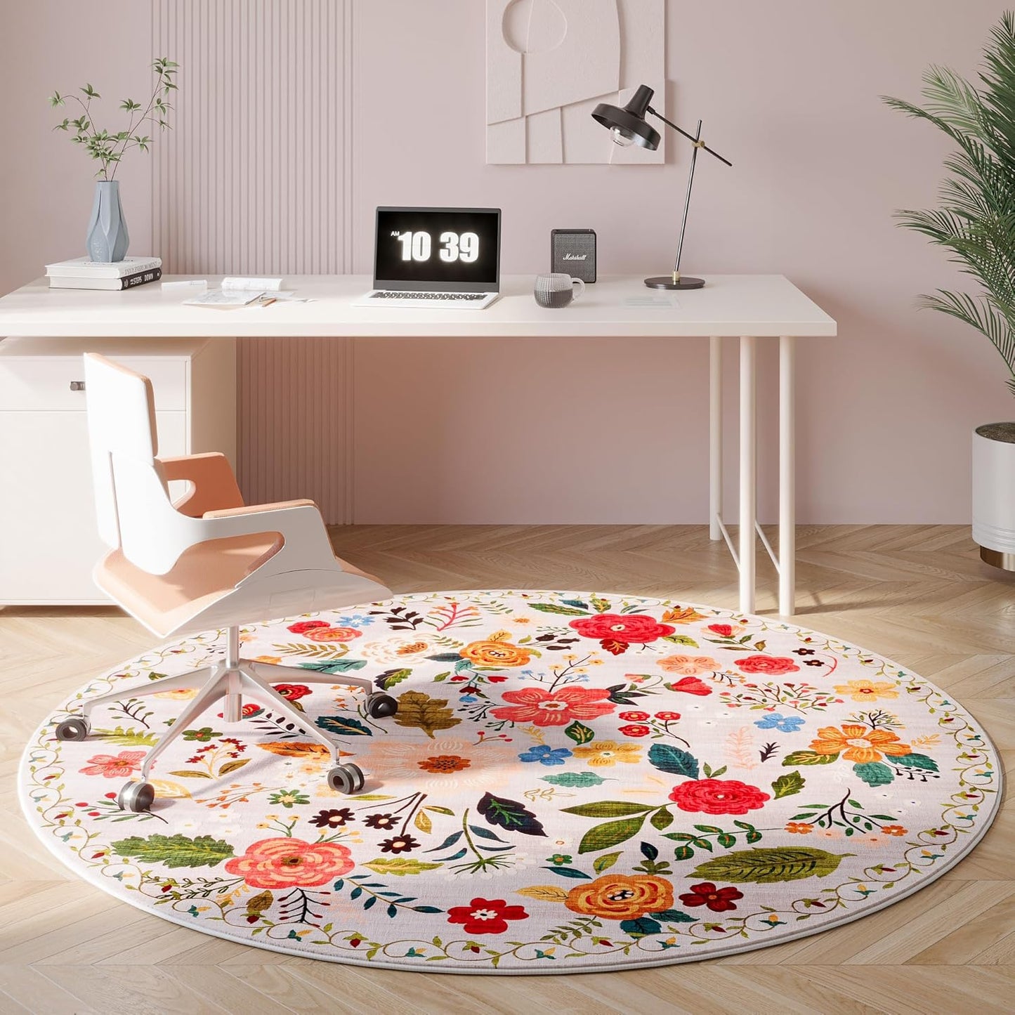 Rugcomf Round Rug 4ft Washable Circle Rug Non Slip Low Pile Boho Floral Small Circular Rug for Bedroom, Bathroom, Entryway, Kids Room, Office, College Dorm(Beige)