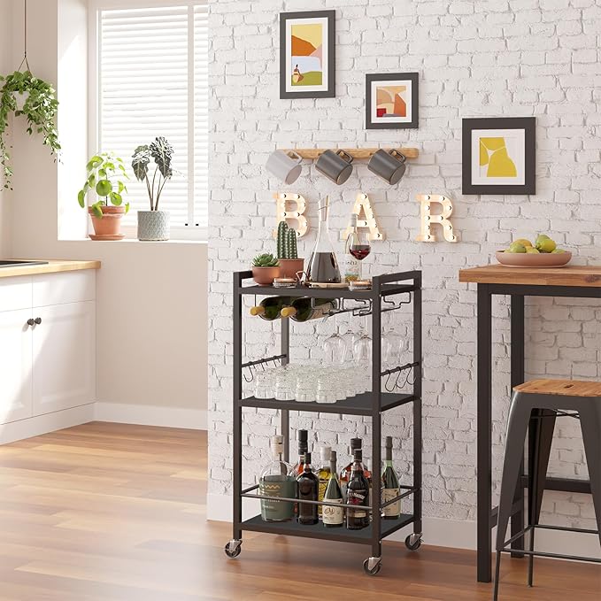 TUTOTAK Bar Cart, Home Bar Serving Cart, Microwave Cart, Drink Cart, Mobile Kitchen Shelf with Wine Rack and Glass Holder, Rolling Beverage Cart Living Room, Kitchen, Black BC01BK032