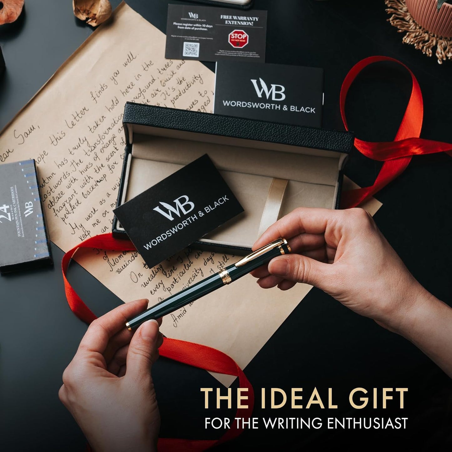 Wordsworth & Black Fountain Pen Set, 18K Gilded Broad Nib, Includes 24 Pack Ink Cartridges, Ink Refill Converter & Gift Box, Gold Finish, Calligraphy, [Racing Green], Perfect for Men & Women