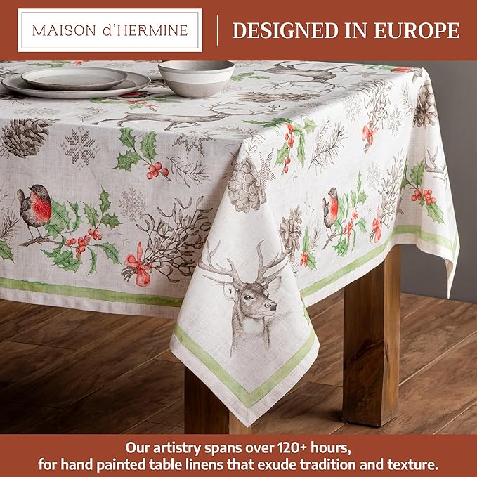 Maison d' Hermine Table Cloth Rectangle Table 100% Cotton 70 x 108 Inches Fall Tablecloth Reusable Everyday Use for Thanksgiving Christmas Decorations Dining Farmhouse Party (Christmas Dew)