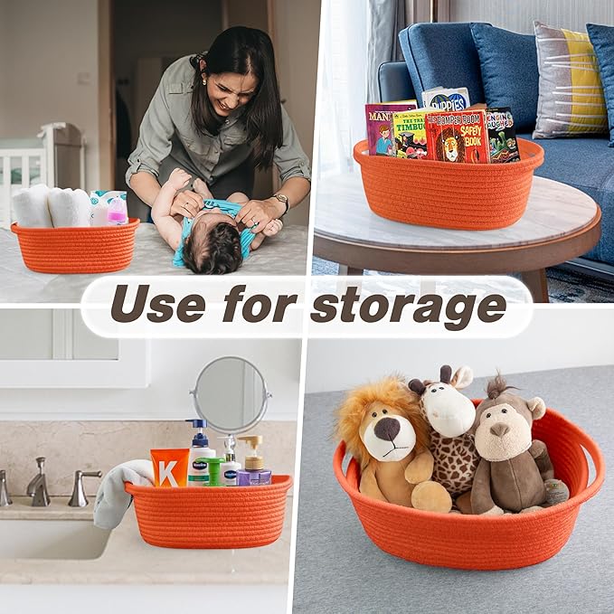 Pro Goleem Small Woven Basket with Gift Bags and Ribbons Durable Baskets for Gifts Empty Small Rope Basket for Storage 12"X 8" X 5" Baby Toy Basket with Handles, Orange