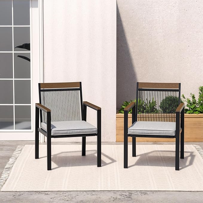 Set of 2 Outdoor Dining Chairs – Ergnomic Patio Seating with Handwoven Rope Design and Soft Cushions for Patio, Backyard, Poolside, Balcony – 350lb Weight Capacity