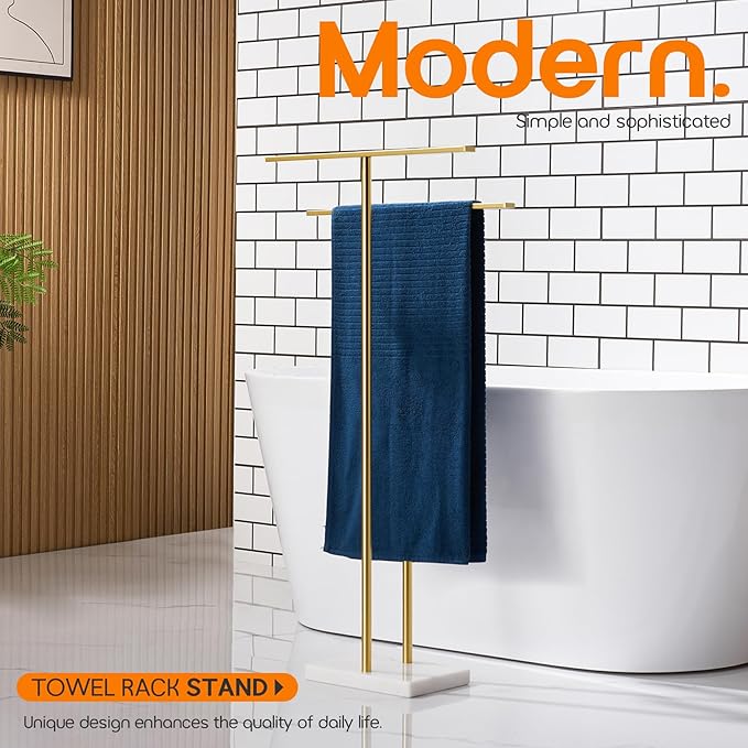 Standing Towel Rack for Bathroom 2-Tier Towel Holder Free Stand with Heavy Marble Base Gold Thicken Steady Design Stainless Steel AN7001GD