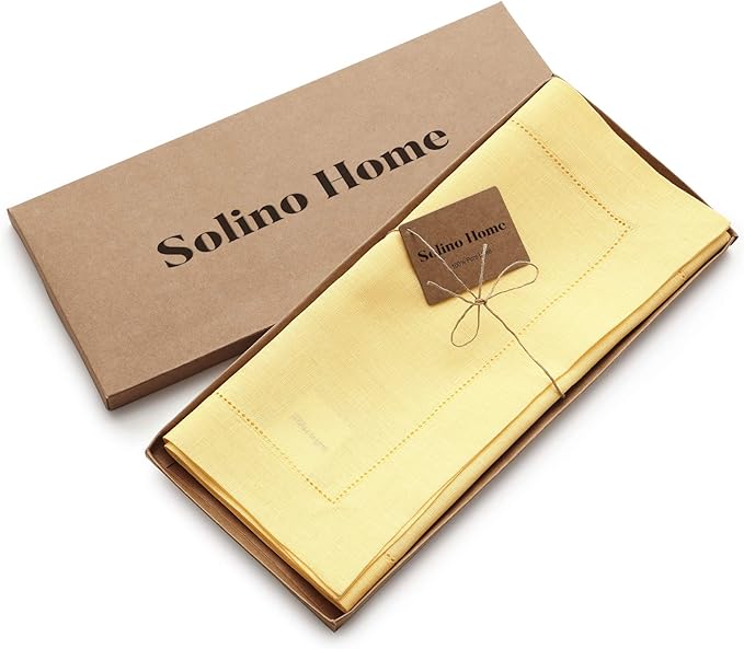 Solino Home Linen Yellow Table Runner 132 Inches Long - 100% Pure Linen Extra Long Table Runner 14 x 132 Inch for Valentines, Spring, Easter - Classic Hemstitch