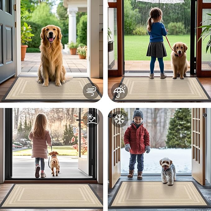 Buganda Front Door Mat Indoor Outdoor Entrance, Non-Slip Natural Rubber Doormats, Easy Clean, Low Profile, Dirt Trapper Entryway Floor Mats for Outside, Garages and Patios, 36x24, Beige