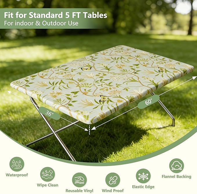 Rectangle Picnic Table Cloth, Elastic Waterproof Fitted Vinyl Tablecloths for 5 Foot Tables, Wipeable Flannel Backed Table Covers for Dining, Camping, Outdoor(Leaves,36"x60")