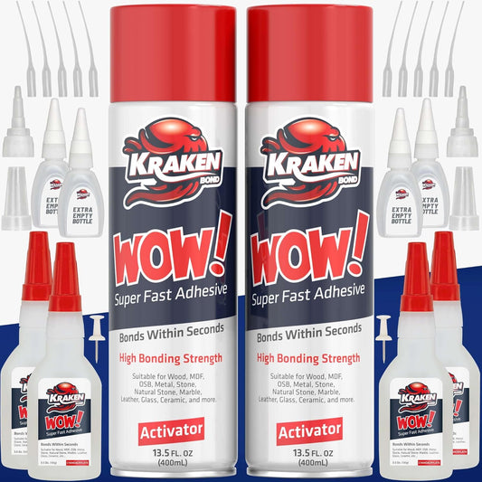 Kraken Bond Wow! CA Glue Set (4x3.5 oz) with Activator (2x13.5 oz) –Super Fast Cyanoacrylate Adhesive Kit for Wood, Plastic, Ceramic, Craft -DIY Repair –4 X Ext. Bottles & 10X Nozzles Inc. 2 Pack