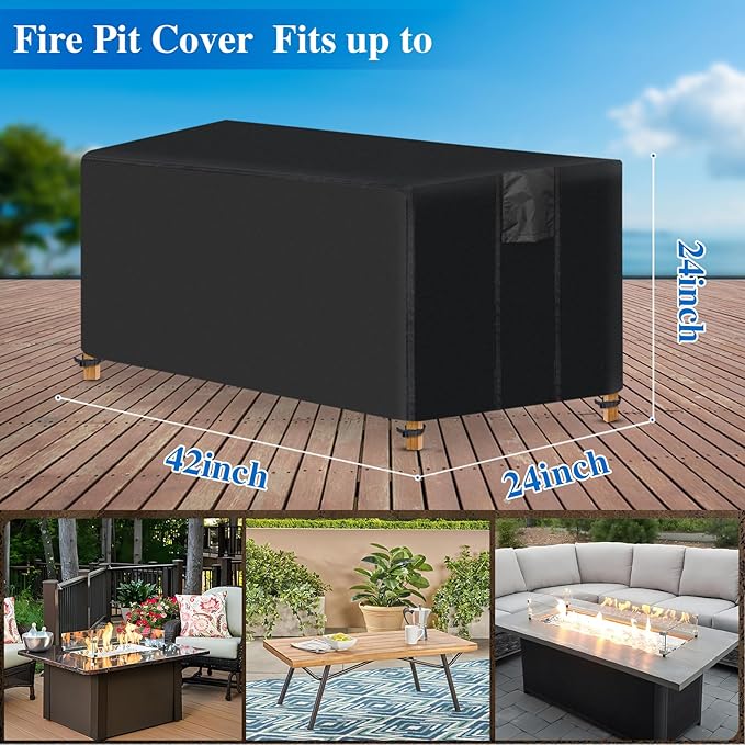 Fire Pit Cover Rectangular- Waterproof Firepit Cover (42L x 24W x 24H inches, Black) Outdoor Fireplace Cover Weatherproof and Non Fading