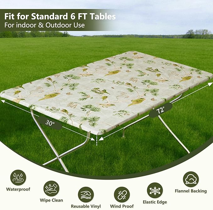 Rectangle Picnic Table Cloth, Elastic Waterproof Fitted Vinyl Tablecloths for 6 Foot Tables, Wipeable Flannel Backed Table Covers for Dining, Camping, Outdoor(Magpie,30"x72")