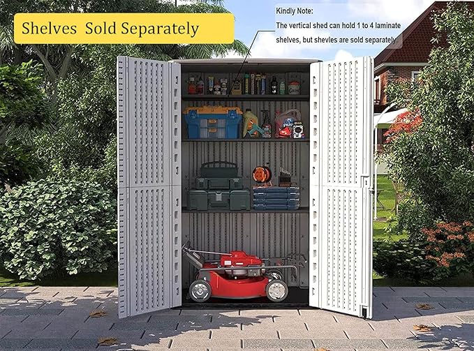 HOMSPARK Storage Shed Weather Resistance, Multi-Purpose Outdoor Storage Cabinet Waterproof, Outdoor Storage Cabinet for Garbage Cans, Lawnmower, Garden Accessories (Off White, Tall shed-53 cu ft)