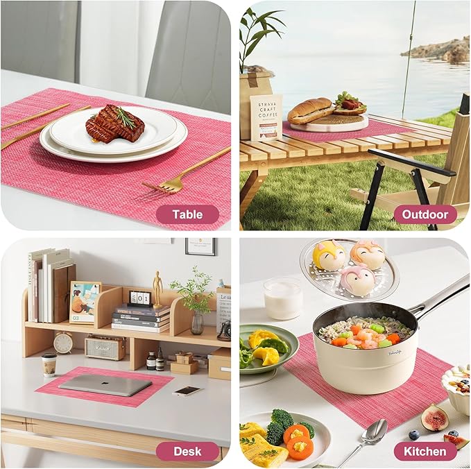 Placemats Set of 8，Christmas Decoration Non-Slip PVC Weave Table Mats Easy to Clean，Heat Resistant Place Mats for Kitchen Dining Table Decoration Indoor Outdoor，Red