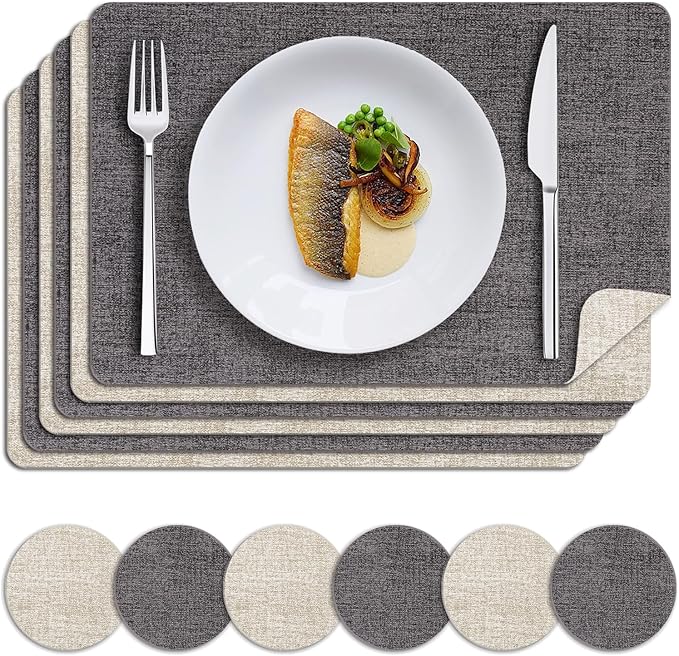 MOSAYT Faux Leather Placemats Set of 6, Heat Resistant Wipeable Washable Vinyl Place Mats with Coasters, Waterproof Oil Proof Table Mats for Kitchen Dining Party Outdoor, 12" x 17", Grey Beige