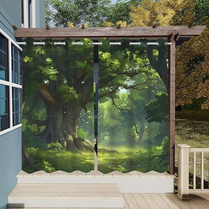 Nature Theme Waterproof Outdoor Curtains for Patio,Forest Pattern,Privacy, Grommet Curtains for Patio, Pergola, Porch, Deck, Lanai, and Cabana,2 Panels,W36 x L84,Green