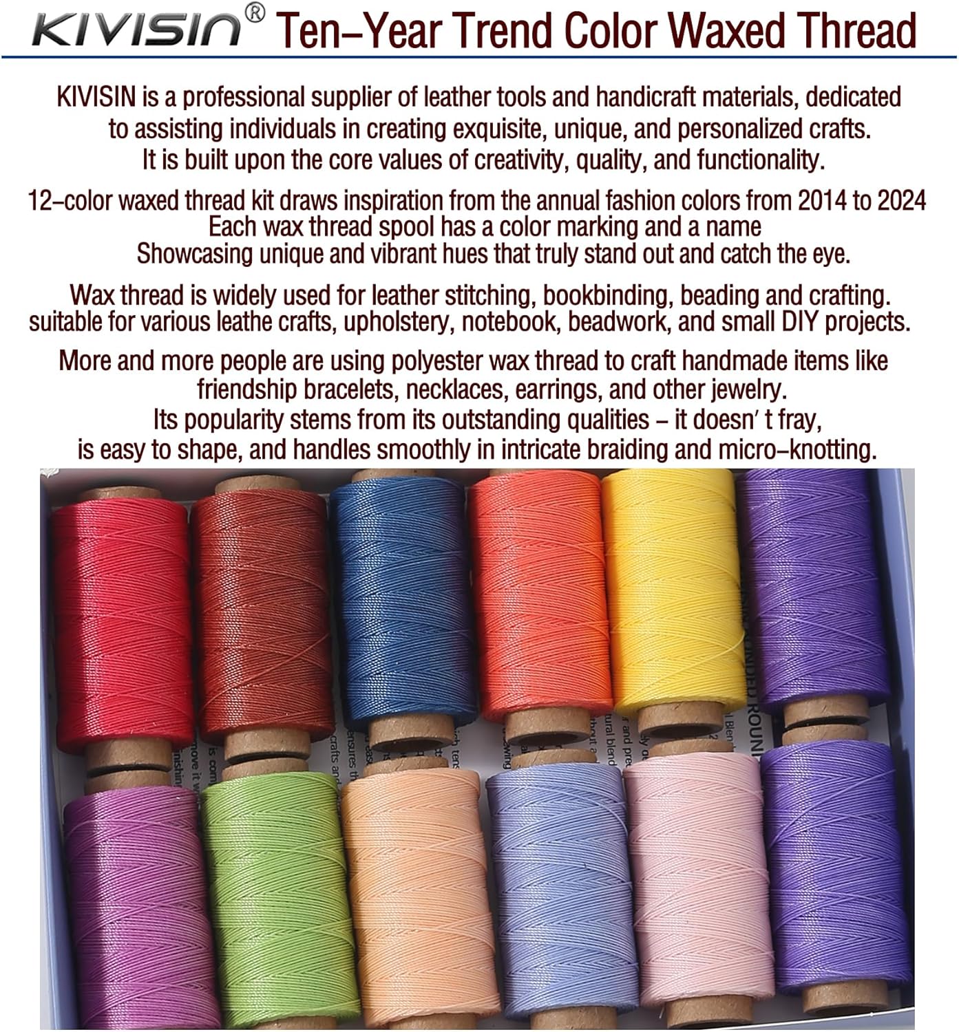 12 Multicolor Round Waxed Thread, 0.45mm Thin and Stiff Wax Strings, 110 Yards/Spool, Polyester Waxed Cord for Fine Leather Sewing, Binding, Crafting, Bracelets and Micro-Macrame Jewelry Making
