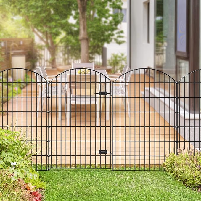 Metal Garden Fence with Gate 48in (H) x 20.3ft (L), 1 Gate+ 7 Panels Dog Fences Border Fence Animal Barrier, No Dig Garden Fencing for Yard Flower Bed Lawn Patio Outdoor, ECG4808G, Black