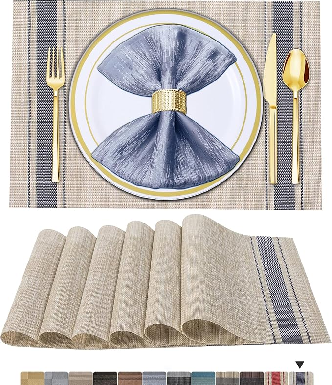 BETEAM Placemats Set of 6, Woven Vinyl Placemat for Dining Table Washable Wipeable Kitchen Place Mats Durable Indoor Outdoor Table Mats