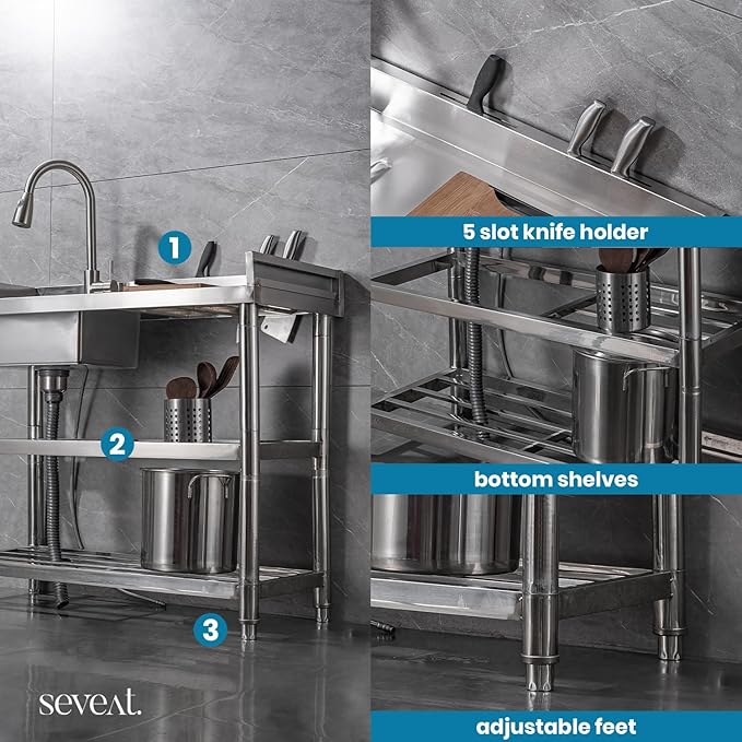 Stainless Steel Utility Sink Freestanding Laundry Sink with Pull-Out Faucet, Utility Tub with Bottom Shelves for Garage, Basement, Mudroom, or Workshop (Silver)