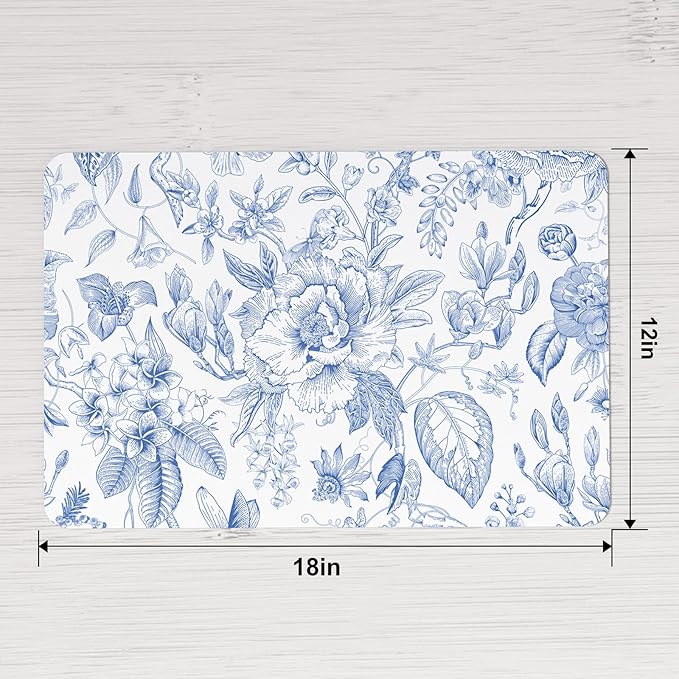 QIYI Placemats Set of 6, 12x18 Inch Faux Leather Place Mats for Kitchen Dinning, Heat Resistant Anti Slip Floral Table Mats, Waterproof Wipeable Washable Placemat Party Table Décor, Blue Flowers