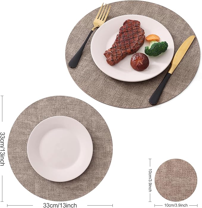 Homaxy Round Faux Leather Placemats and Coasters, Washable Dual-Side Table Mats, Wipeable Heat-Resistant Dining Place Mats for Outdoor and Indoor, Set of 6, Diameter 13 and 3.93 inch, Light Brown