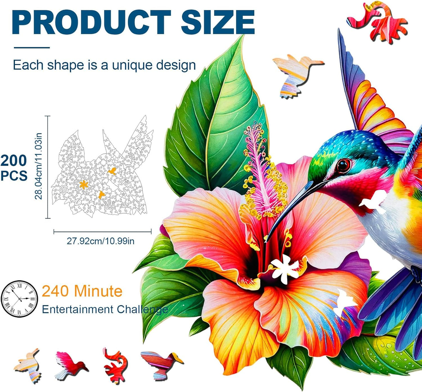 Wooden Jigsaw Puzzles for Adults and Kids, Hummingbird Blossom 200 Piece Unique Shaped Puzzle, Family Game and Creative Wooden Puzzle Gift, Wall Art Decor