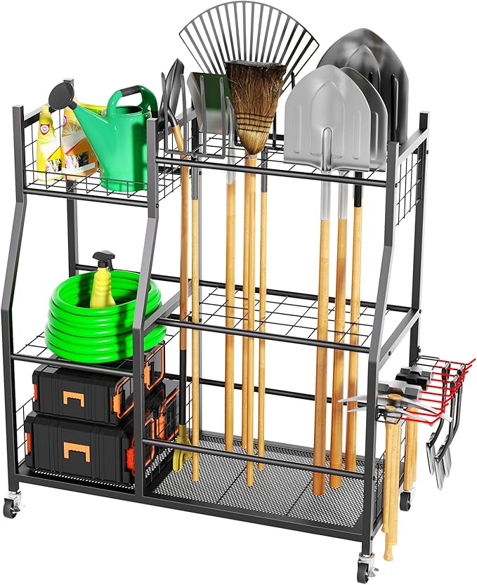 Garden Tool Organizer with Wheels for Garage, Freestanding Garage Tool Organizer, Yard Tool Holder, Garden Tool Cart for Long Handled Tools,Rakes, Brooms, Yard Storage Rack for Shed, Indoor, Outdoor