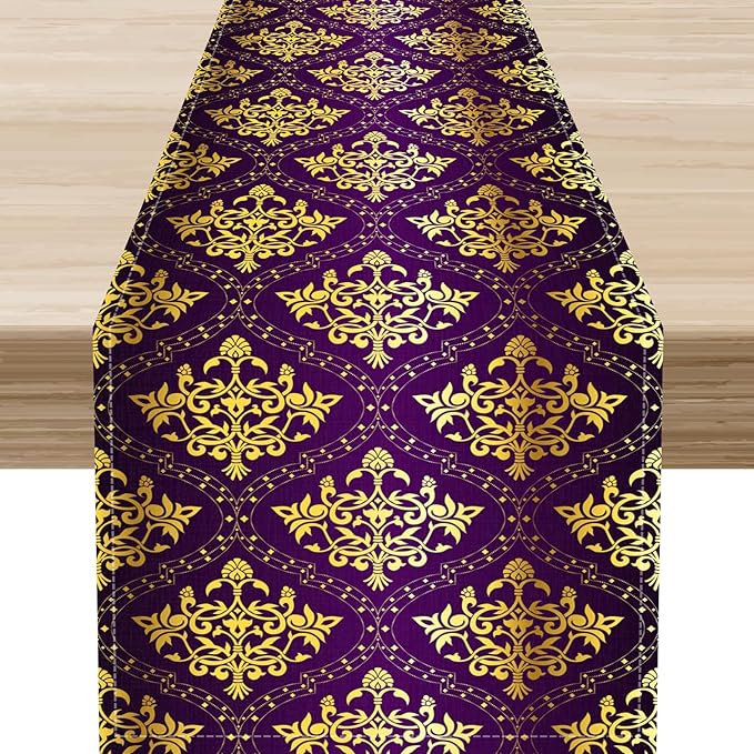 Vintage Table Runner, Retro Antique Gothic Purple Damask Floral Flower Pattern Classic Boho Coffee Table Center Decor for Kitchen and Dining Outdoor Home Country Party Table Decorations, 13"x90"
