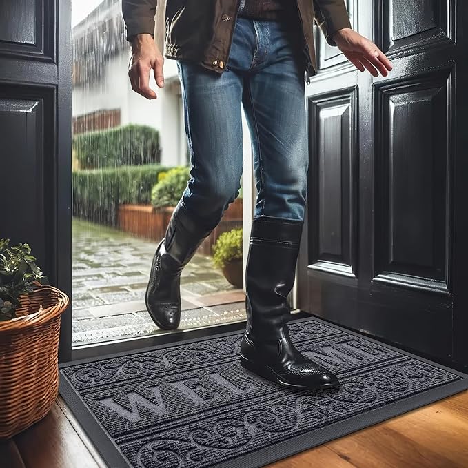 OLANLY Welcome Door Mat Indoor Outdoor Entrance, Heavy Duty Sturdy Front Door Mat, Waterproof All-Weather Doormat, Stain Resistant, Low Profile, Easy Clean Patio Entryway Mat, 47 x 32, Medium Grey