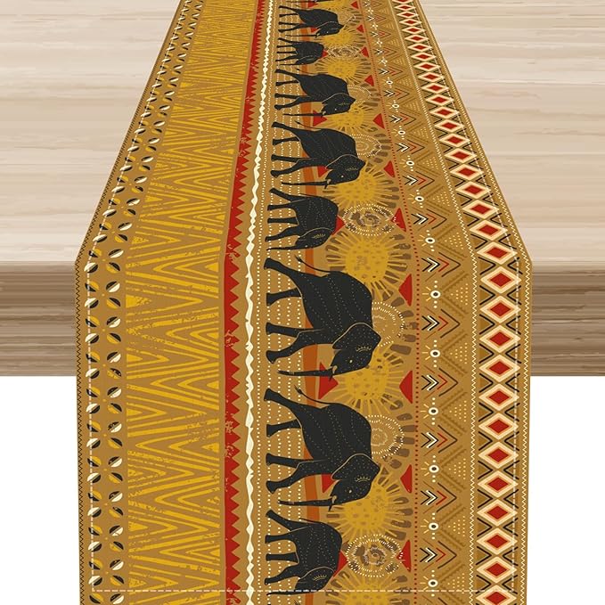 African Tribe Table Runner, Rustic Elephants Tribal Boho Diwali India Traditional Ethnic Folk Yellow Coffee Table Center Decor for Home Kitchen Room Holiday Party Outdoor Table Decorations, 13"x36"