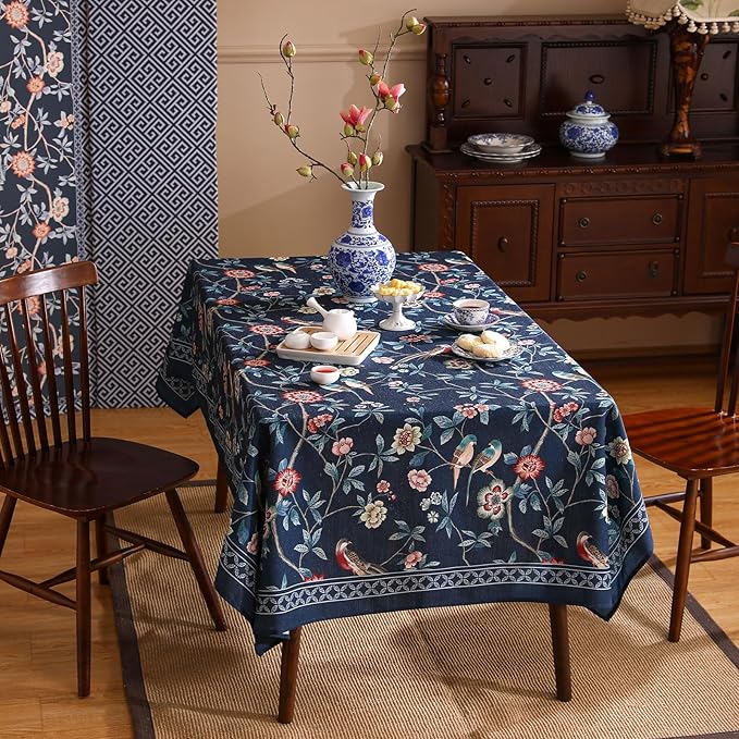 patdrea Designer Vintage Dark Blue Linen Rectangular Tablecloth,Navy French Floral and Birds Pattern Table Cloth,Decoration Table Cover for Kitchen,Dining,Tea Party,Home,Christmas,55"*79"