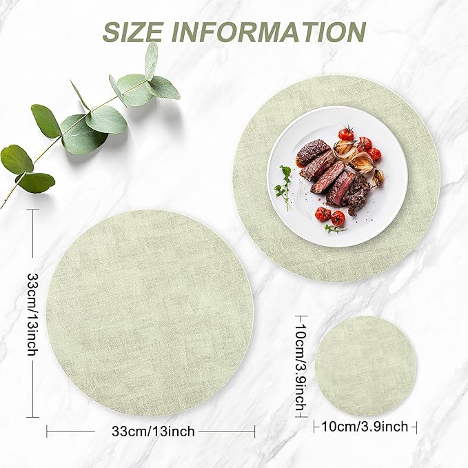 Round Faux Leather Placemats and Coasters, Set of 4, Reversible Heat Resistant Non-Slip Table Mats, Waterproof Wipeable Place Mats for Dining Table, Washable for Indoor & Outdoor (4, Light Green)
