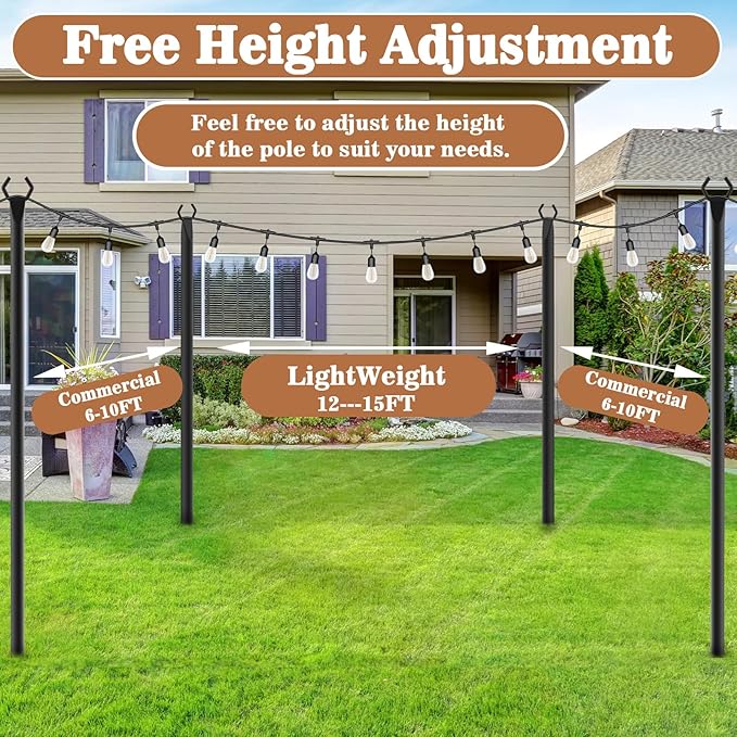 4 Pack String Light Poles,Metal Poles for Hanging Outdoor Light Strings,7 Pack 10 FT Light Poles Stand for Outside Garden,Patio,Wedding,Backyard,Deck,Party