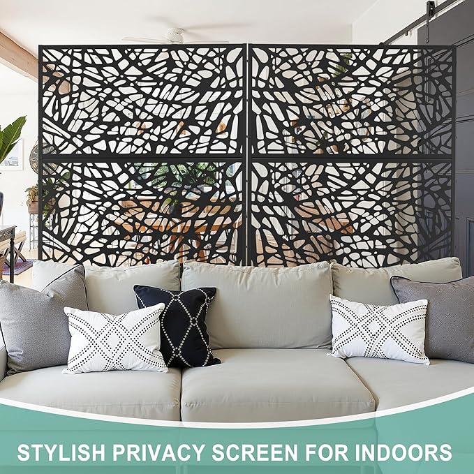 Metal Privacy Screen for Outdoor & Indoor Use, Free Standing Privacy Screen for Patio Garden Pool, 72" H x 47" W Decoative Privacy Panels, Weather Resistant, Easy Assembly (Black Net)