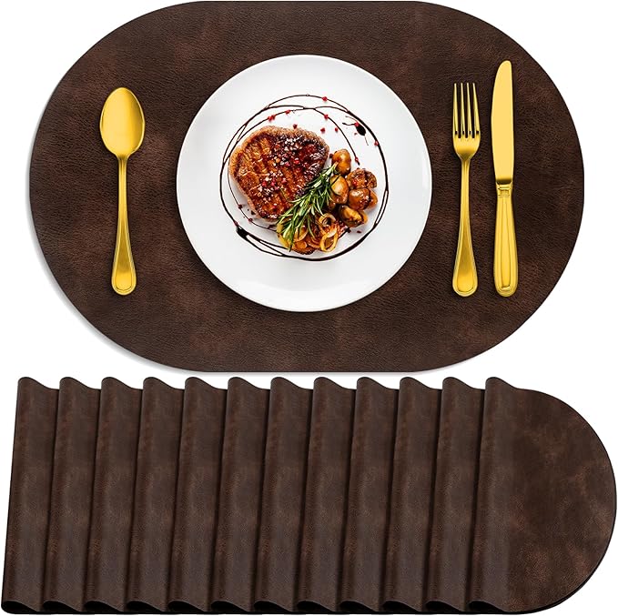 ADRIMER Placemats, Heat Resistant Oval Placemats Set of 12 Washable 12 x 17 Inch, Waterproof Table Mats, Wipeable Pu Place Mats for Kitchen, Dining Room, Coffee